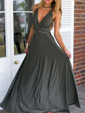 Elegante vestido de noche formal de graduación gris largo con escote en V y espalda descubierta
