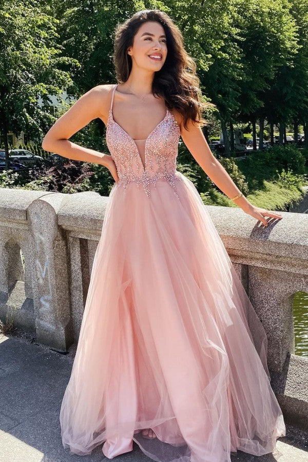 Elegante vestido de fiesta largo de tul con cuentas y escote en V en forma de A sin espalda