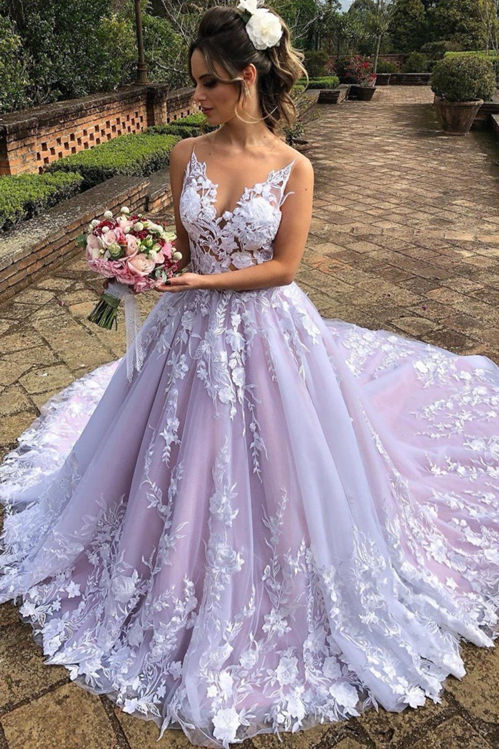 Elegante vestido de noche formal de fiesta largo con escote en V y encaje y espalda abierta