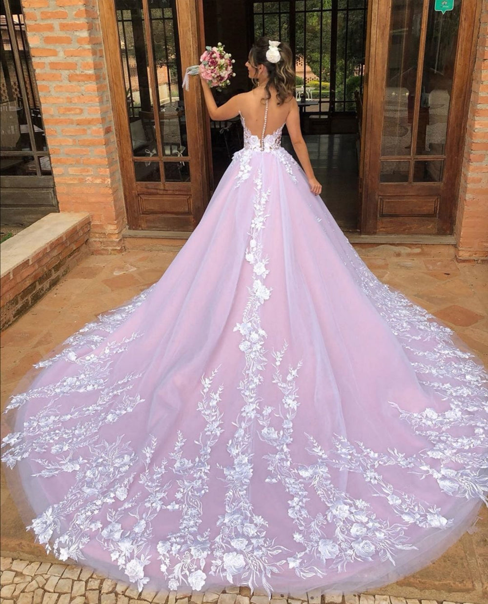 Elegante vestido de noche formal de fiesta largo con escote en V y encaje y espalda abierta