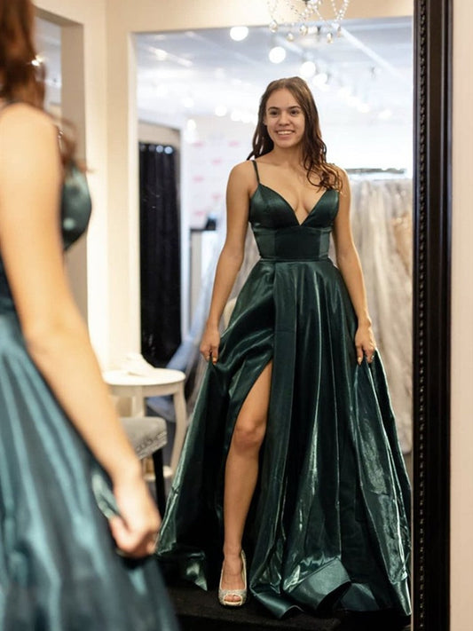Elegantes langes A-Linien-Abschlussballkleid mit V-Ausschnitt und hohem Schlitz
