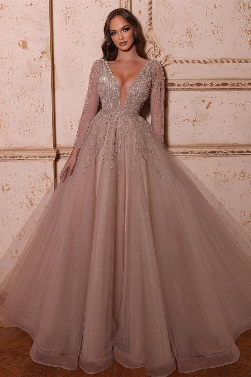 Elegante vestido de fiesta con escote en V, mangas largas y cuentas