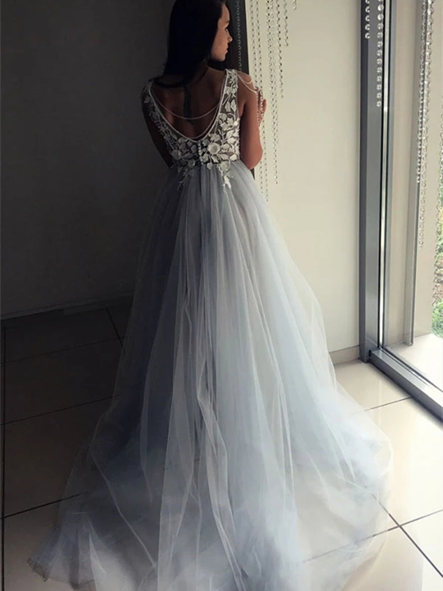 Elegante vestido de fiesta formal largo con escote en V, espalda abierta y apliques de encaje