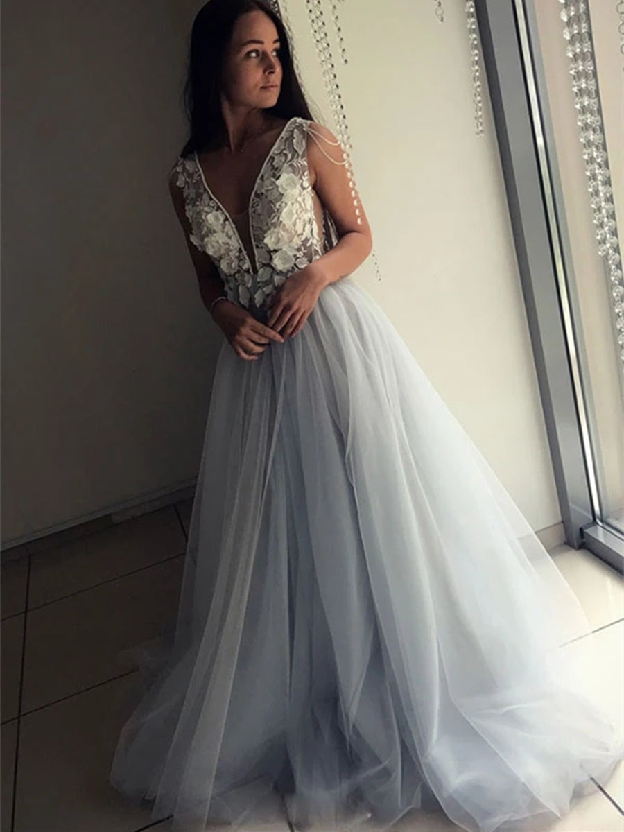 Elegante vestido de fiesta formal largo con escote en V, espalda abierta y apliques de encaje