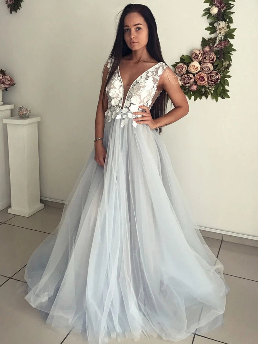 Elegante vestido de fiesta formal largo con escote en V, espalda abierta y apliques de encaje
