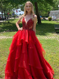 Elegante vestido de fiesta largo con escote en V y espalda abierta en rojo, vestido formal de noche