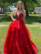 Elegante vestido de fiesta largo con escote en V y espalda abierta en rojo, vestido formal de noche