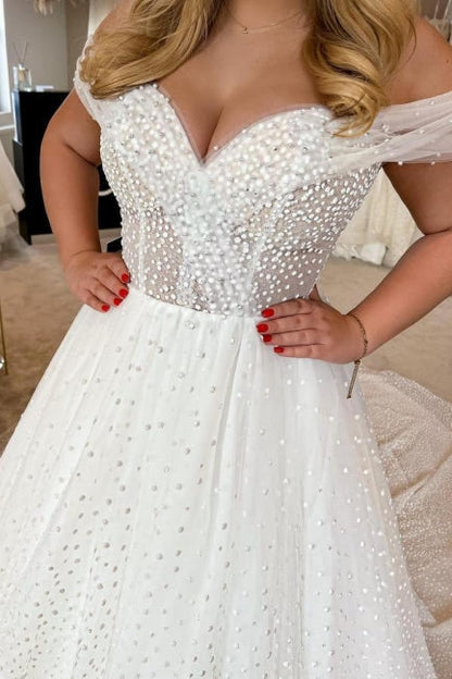 Elegant A-line White Off-the-Shoulder Pearls Sleeveless Wedding Dress