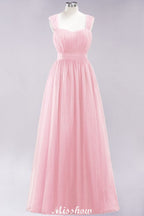Elegante vestido de noche largo de tul sin mangas con tirantes burdeos para dama de honor