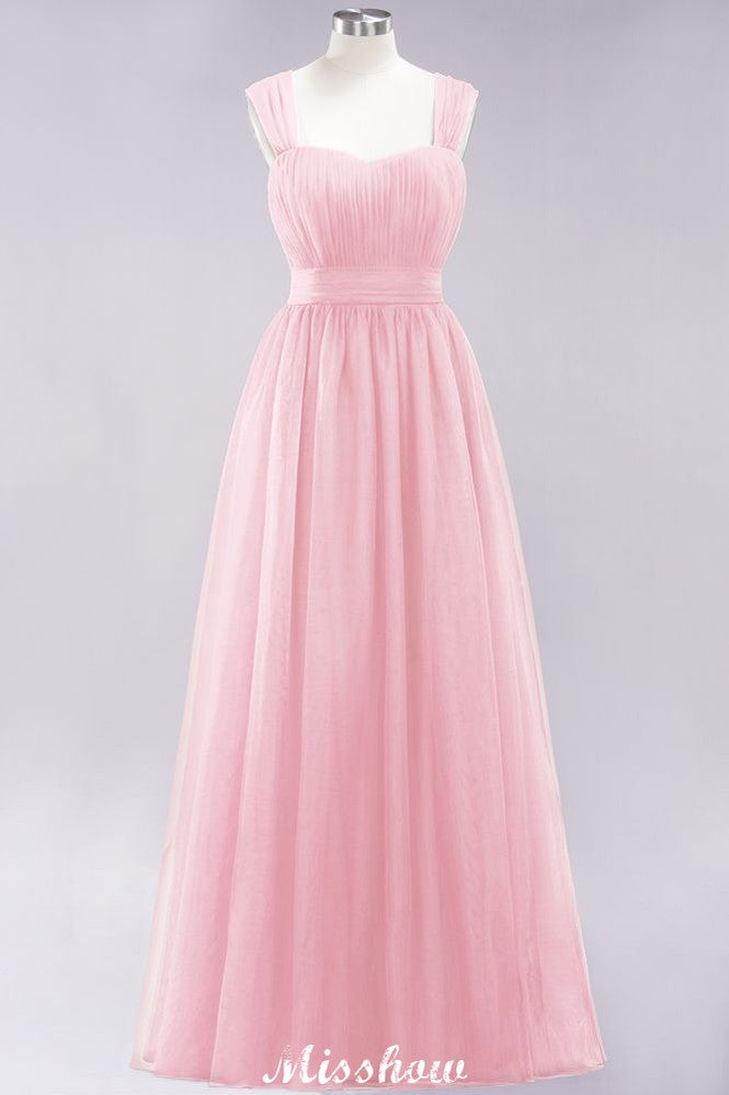 Elegante vestido de noche largo de tul sin mangas con tirantes burdeos para dama de honor