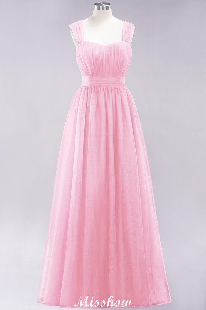 Elegante vestido de noche largo de tul sin mangas con tirantes burdeos para dama de honor