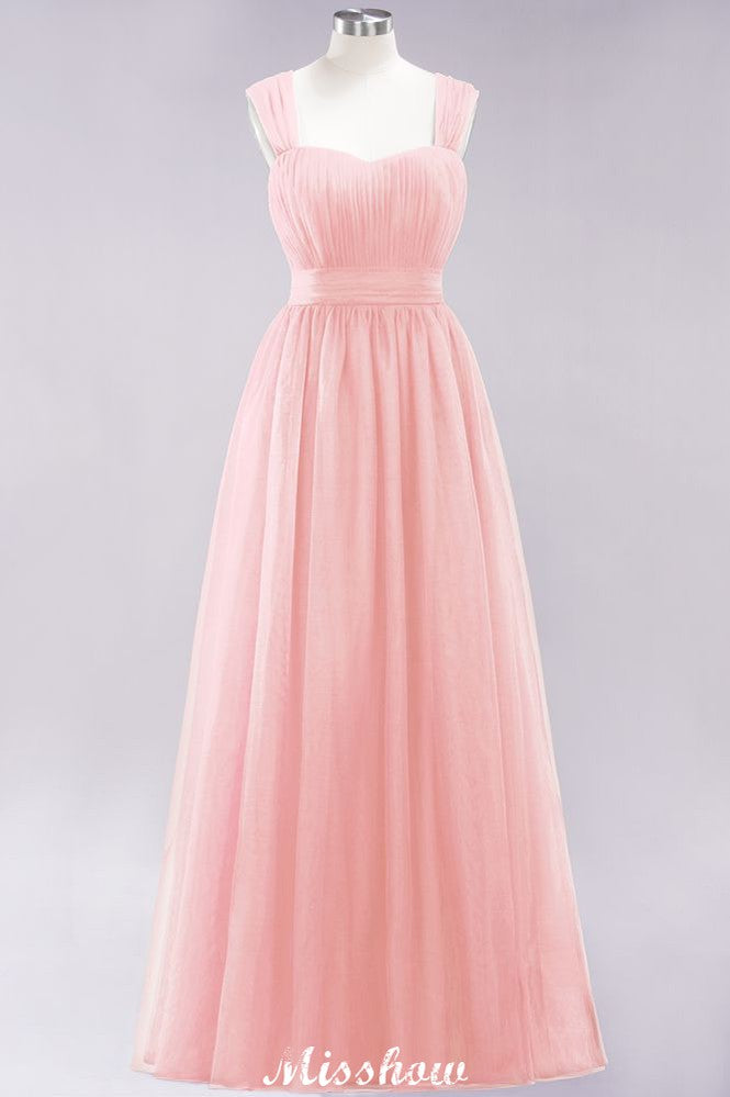 Elegante vestido de noche largo de tul sin mangas con tirantes burdeos para dama de honor