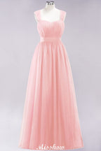 Elegante vestido de noche largo de tul sin mangas con tirantes burdeos para dama de honor