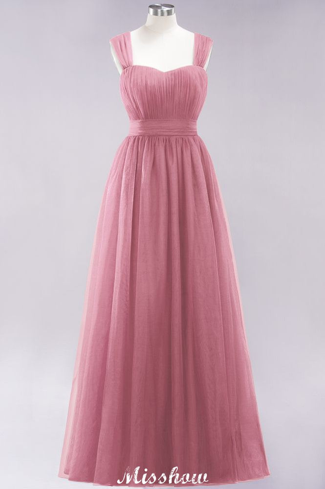 Elegante vestido de noche largo de tul sin mangas con tirantes burdeos para dama de honor