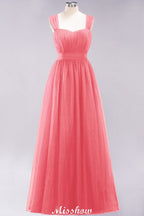 Elegante vestido de noche largo de tul sin mangas con tirantes burdeos para dama de honor