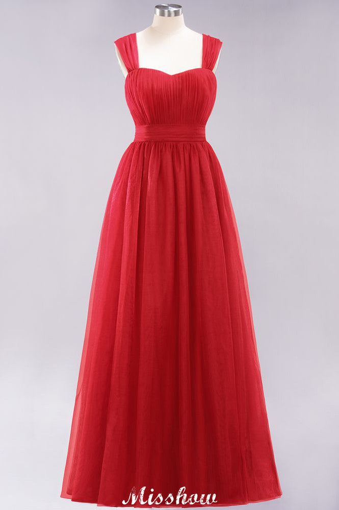 Elegante vestido de noche largo de tul sin mangas con tirantes burdeos para dama de honor
