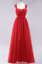 Elegante vestido de noche largo de tul sin mangas con tirantes burdeos para dama de honor