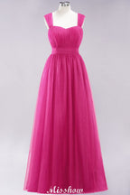Elegante vestido de noche largo de tul sin mangas con tirantes burdeos para dama de honor