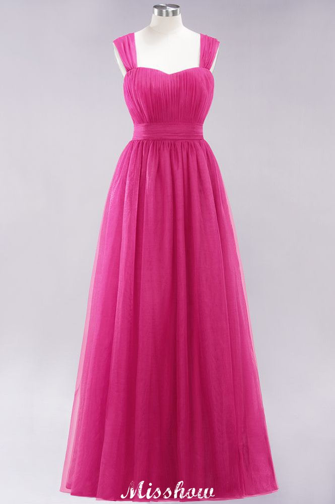 Elegante vestido de noche largo de tul sin mangas con tirantes burdeos para dama de honor