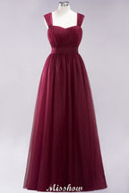 Elegante vestido de noche largo de tul sin mangas con tirantes burdeos para dama de honor