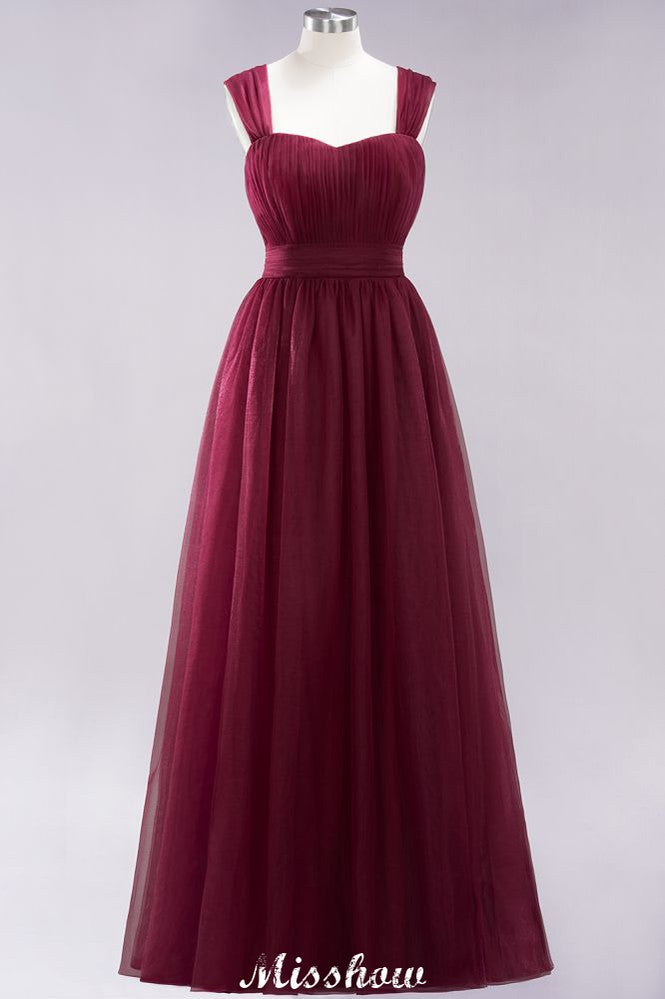 Elegante vestido de noche largo de tul sin mangas con tirantes burdeos para dama de honor