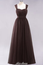 Elegante vestido de noche largo de tul sin mangas con tirantes burdeos para dama de honor