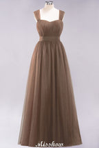 Elegante vestido de noche largo de tul sin mangas con tirantes burdeos para dama de honor