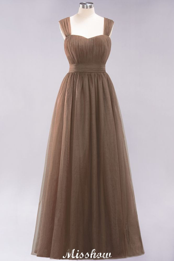 Elegante vestido de noche largo de tul sin mangas con tirantes burdeos para dama de honor