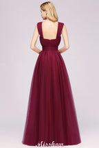 Elegante vestido de noche largo de tul sin mangas con tirantes burdeos para dama de honor