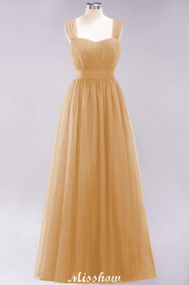 Elegante vestido de noche largo de tul sin mangas con tirantes burdeos para dama de honor
