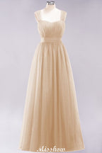 Elegante vestido de noche largo de tul sin mangas con tirantes burdeos para dama de honor