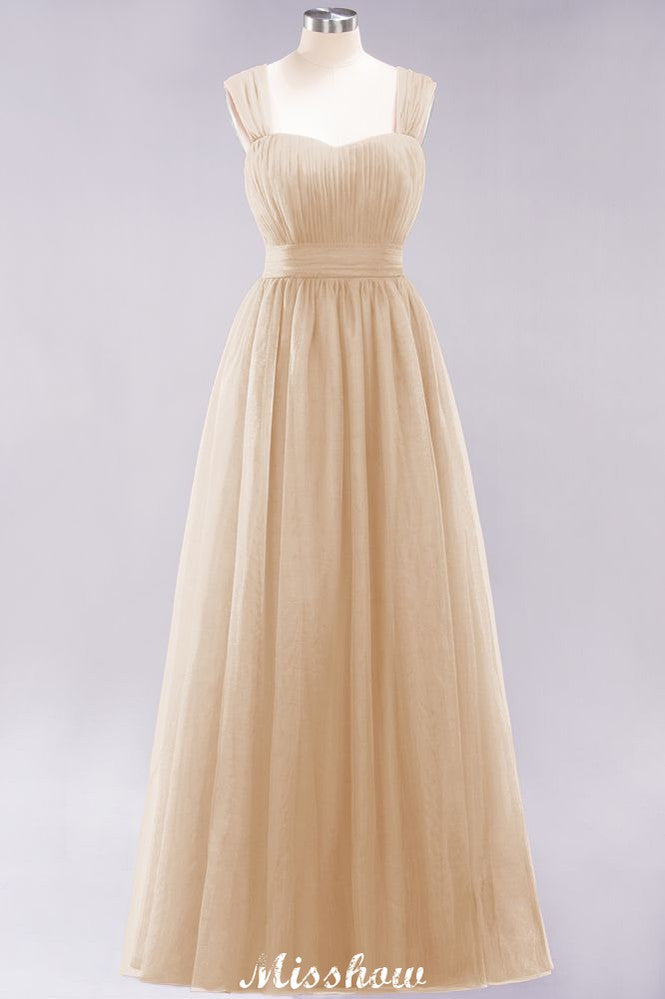 Elegante vestido de noche largo de tul sin mangas con tirantes burdeos para dama de honor