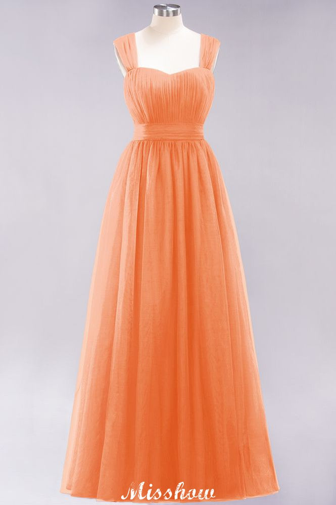 Elegante vestido de noche largo de tul sin mangas con tirantes burdeos para dama de honor