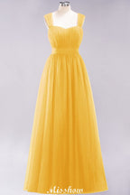 Elegante vestido de noche largo de tul sin mangas con tirantes burdeos para dama de honor