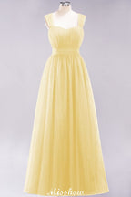Elegante vestido de noche largo de tul sin mangas con tirantes burdeos para dama de honor