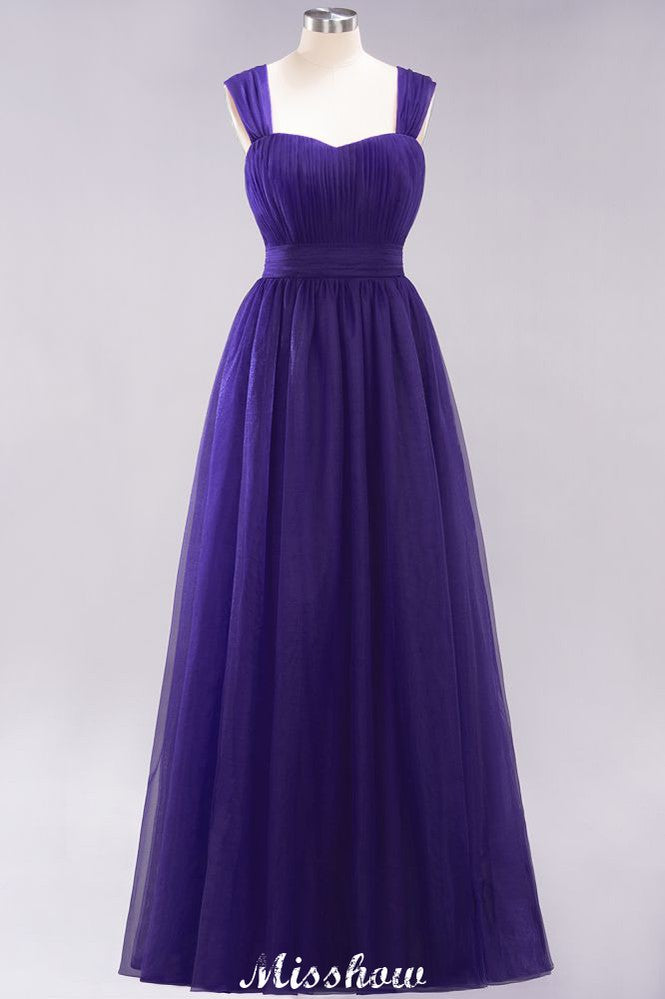Elegante vestido de noche largo de tul sin mangas con tirantes burdeos para dama de honor