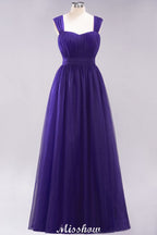 Elegante vestido de noche largo de tul sin mangas con tirantes burdeos para dama de honor