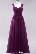 Elegante vestido de noche largo de tul sin mangas con tirantes burdeos para dama de honor