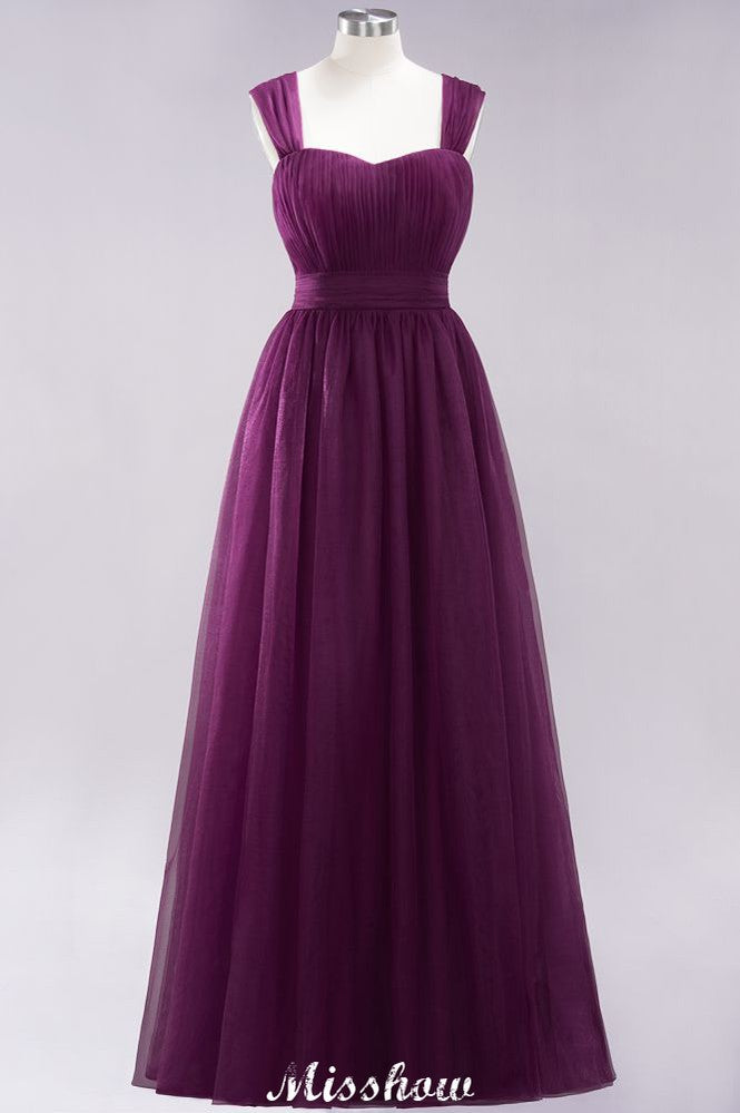 Elegante vestido de noche largo de tul sin mangas con tirantes burdeos para dama de honor