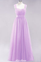 Elegante vestido de noche largo de tul sin mangas con tirantes burdeos para dama de honor
