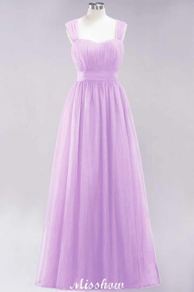 Elegante vestido de noche largo de tul sin mangas con tirantes burdeos para dama de honor