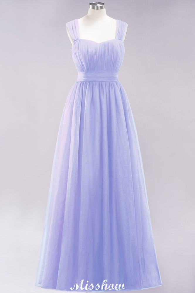 Elegante vestido de noche largo de tul sin mangas con tirantes burdeos para dama de honor