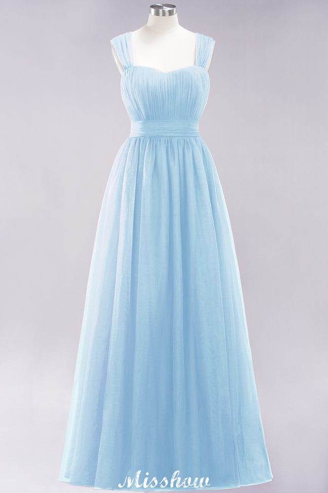 Elegante vestido de noche largo de tul sin mangas con tirantes burdeos para dama de honor