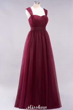 Elegante vestido de noche largo de tul sin mangas con tirantes burdeos para dama de honor