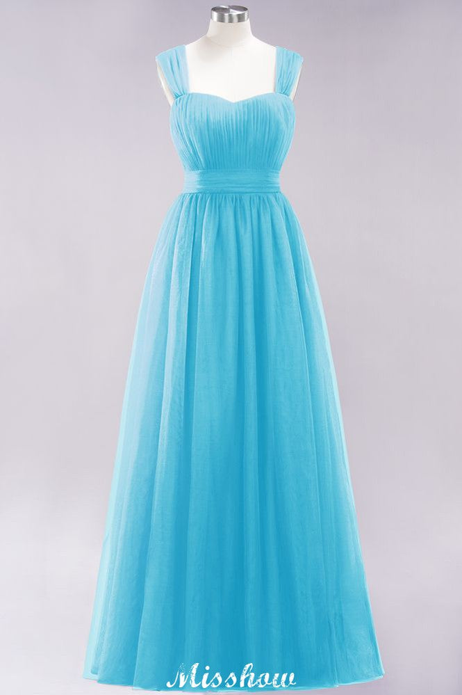 Elegante vestido de noche largo de tul sin mangas con tirantes burdeos para dama de honor