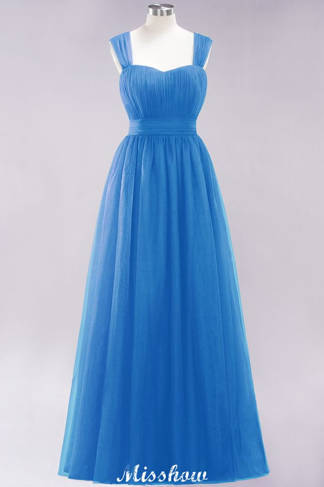 Elegante vestido de noche largo de tul sin mangas con tirantes burdeos para dama de honor