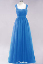Elegante vestido de noche largo de tul sin mangas con tirantes burdeos para dama de honor