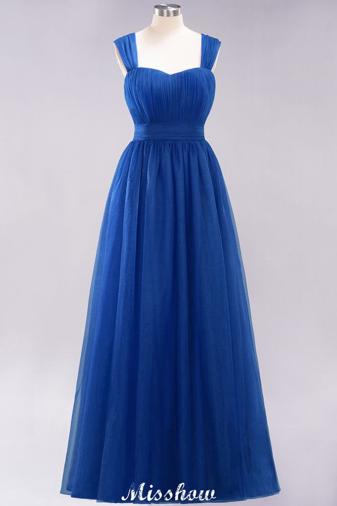 Elegante vestido de noche largo de tul sin mangas con tirantes burdeos para dama de honor