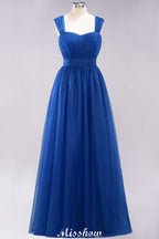 Elegante vestido de noche largo de tul sin mangas con tirantes burdeos para dama de honor