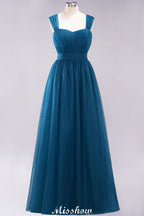 Elegante vestido de noche largo de tul sin mangas con tirantes burdeos para dama de honor